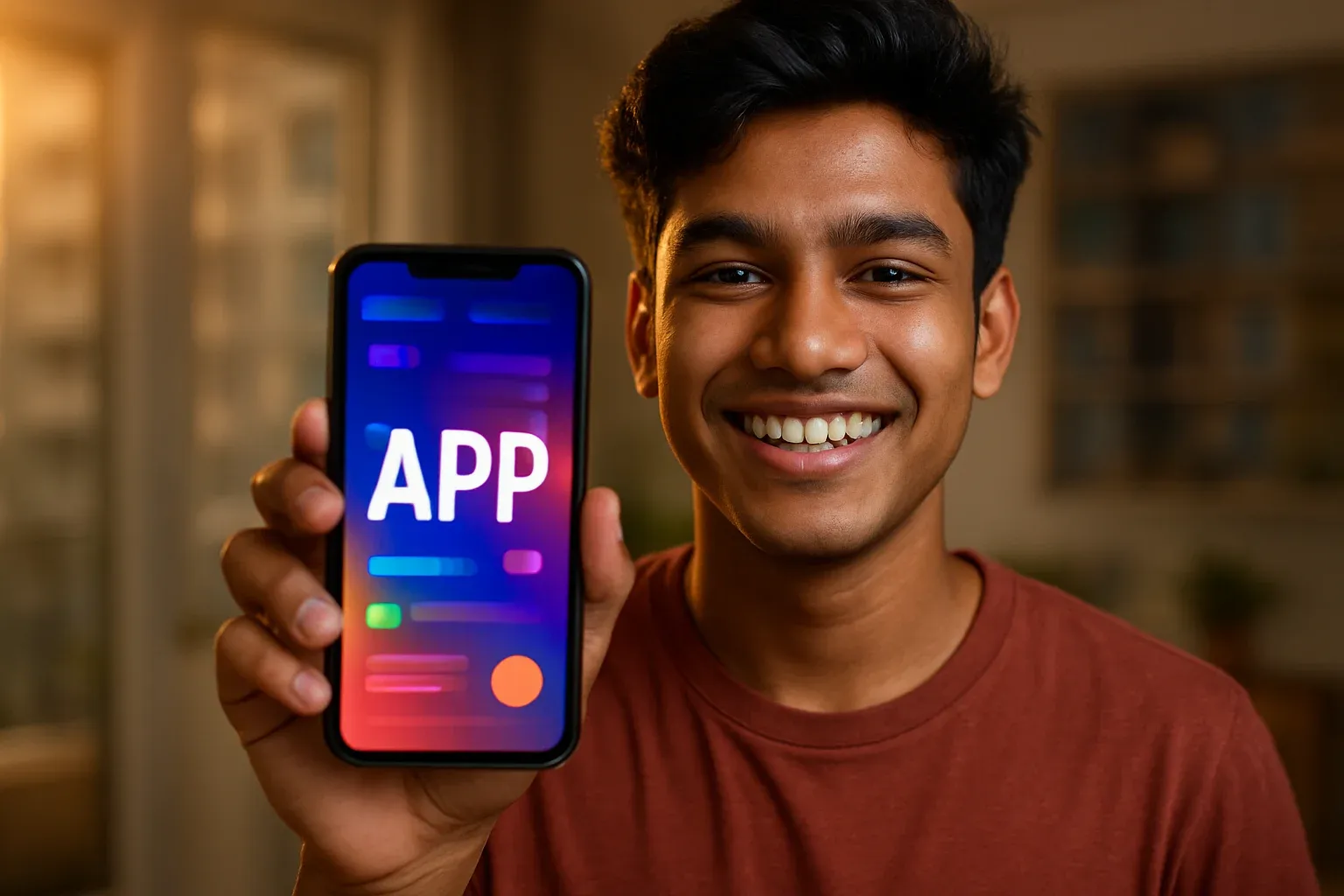 Young Bangladeshi man smiling, holding smartphone with colorful app screen