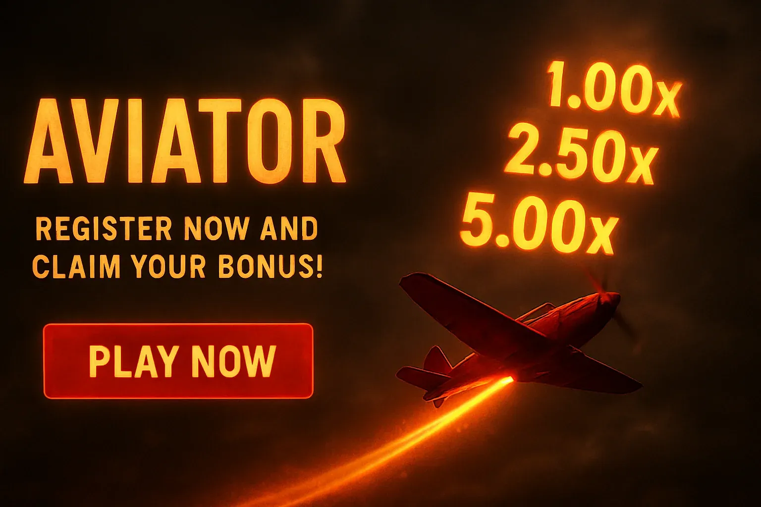 Aviator crash game banner with red plane, multipliers, and play button