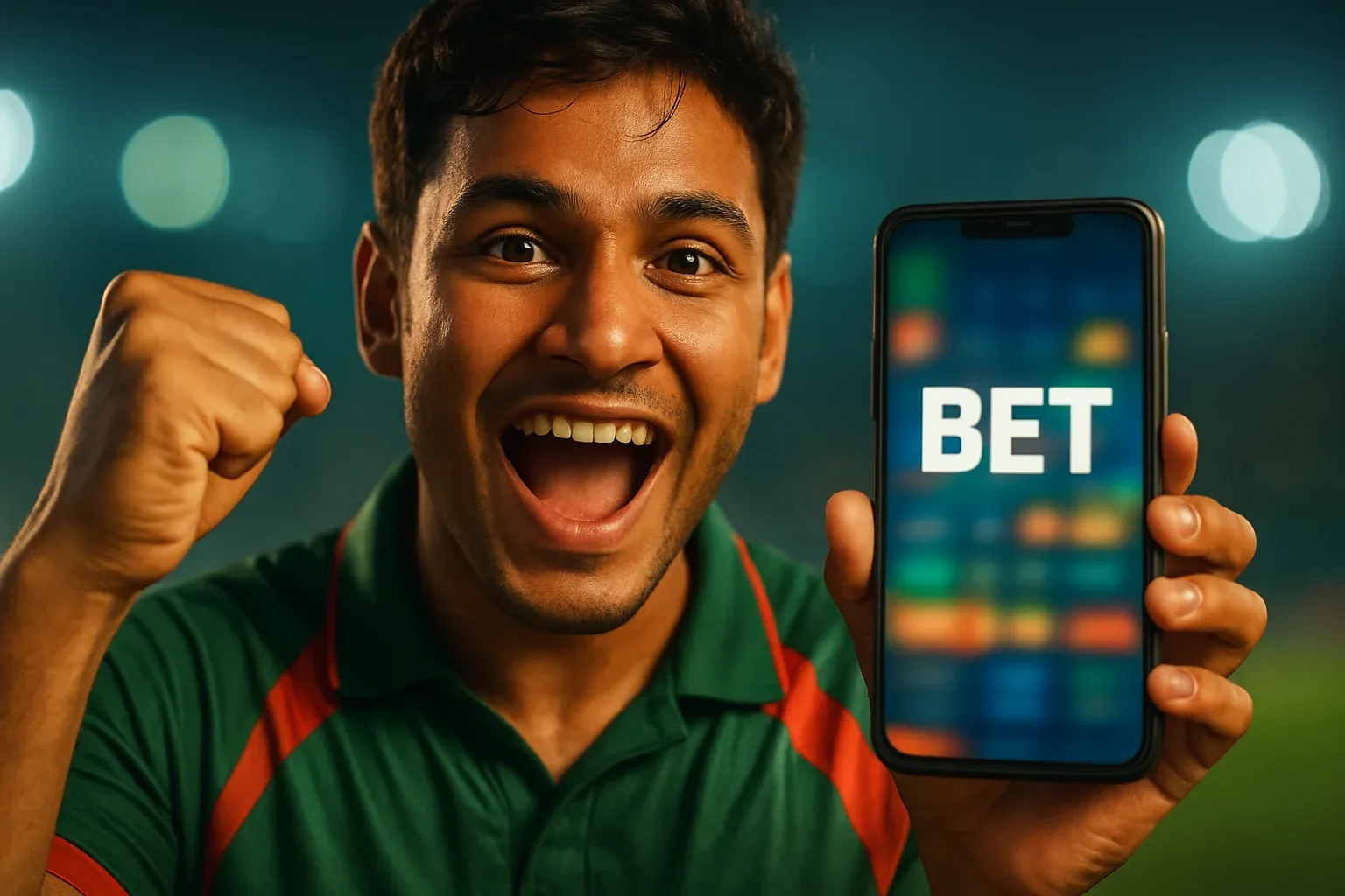 Excited Bangladeshi man holding smartphone with sports betting screen saying BET
