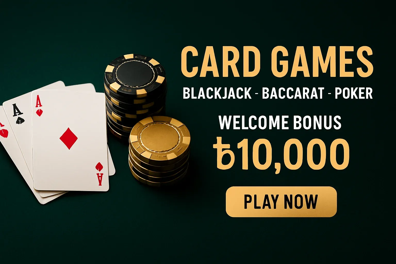 Card games banner with playing cards, chips, and bonus offer