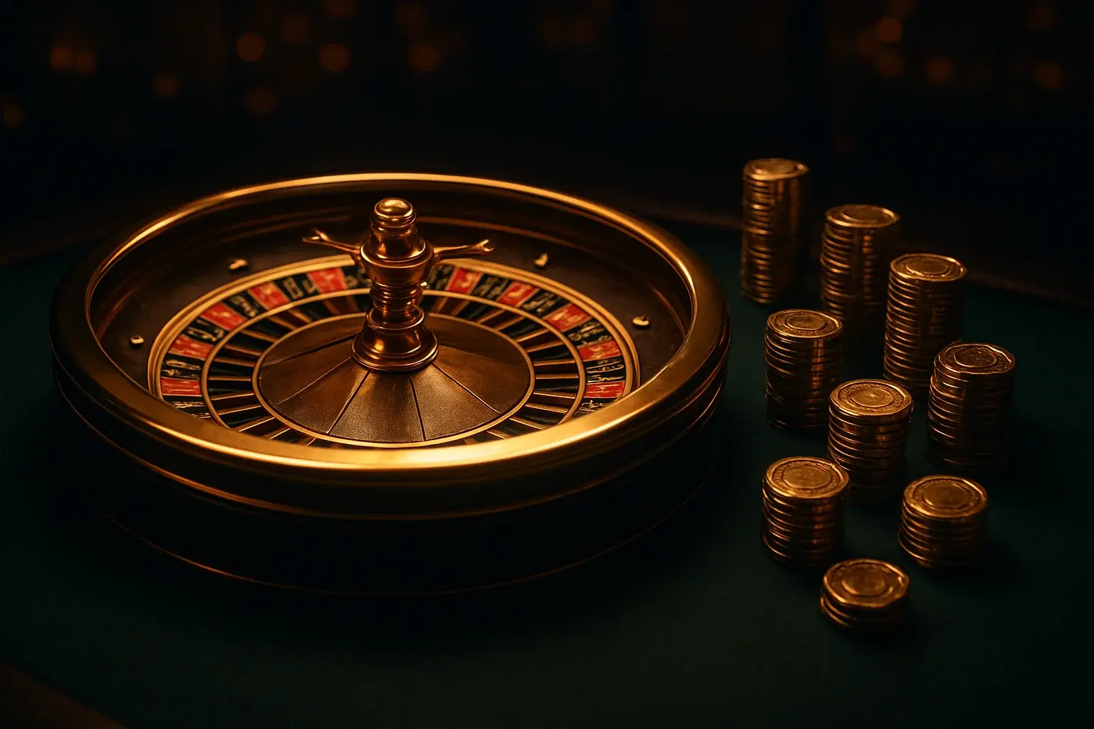 Elegant live casino table with glowing roulette wheel and golden chips