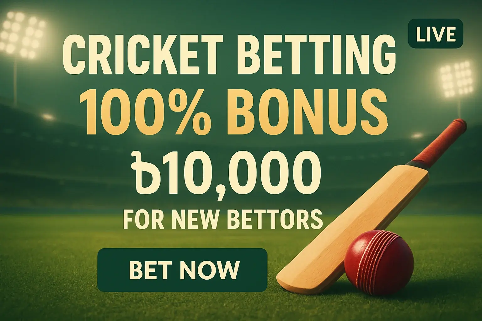 Cricket betting banner with bonus offer, bat, ball, stadium lights
