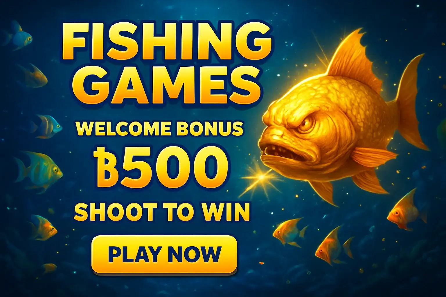 Fishing arcade banner with bonus, tropical fish, golden boss fish