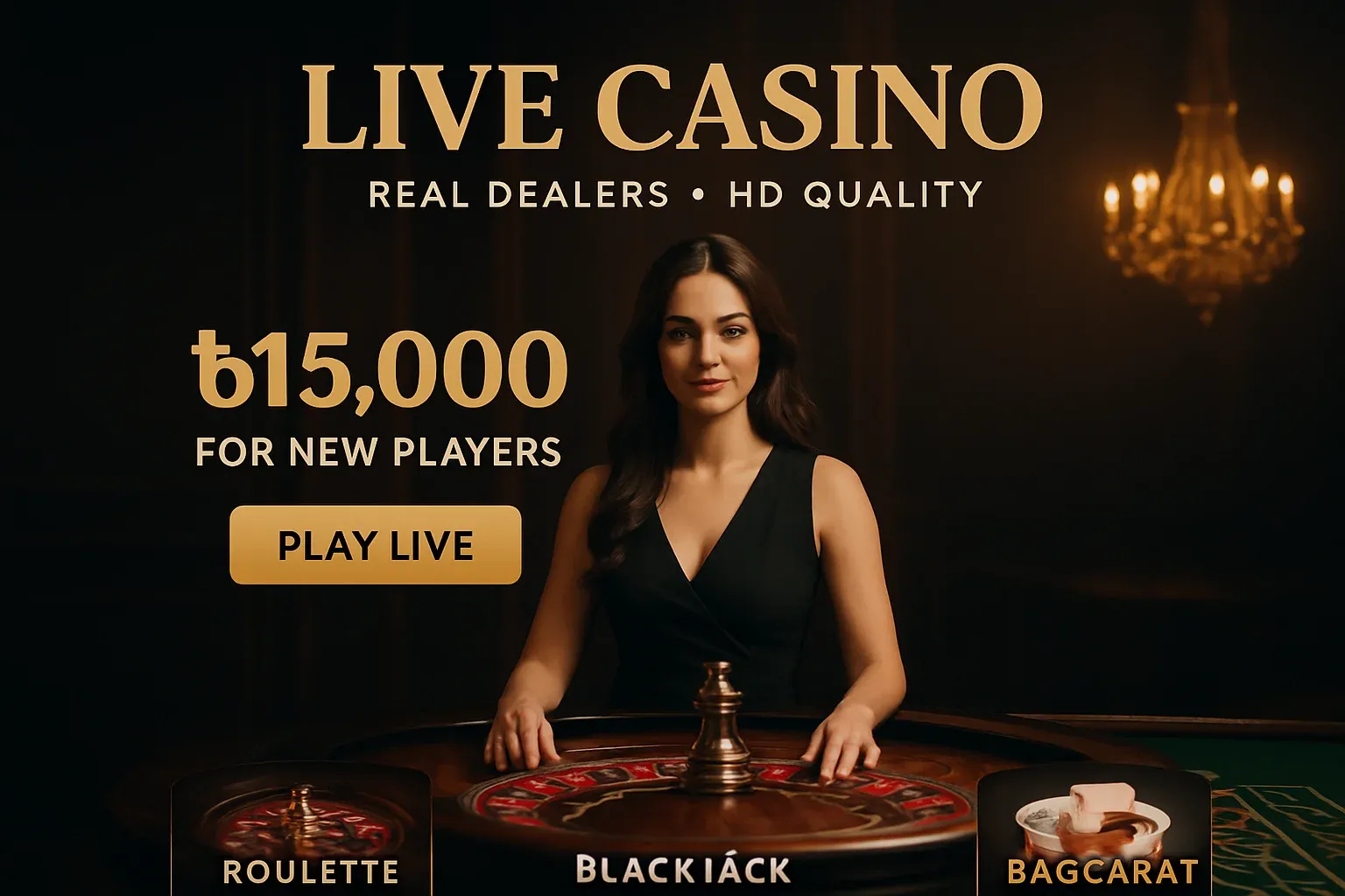Live casino banner with female dealer, roulette table, Bangladesh bonus offer