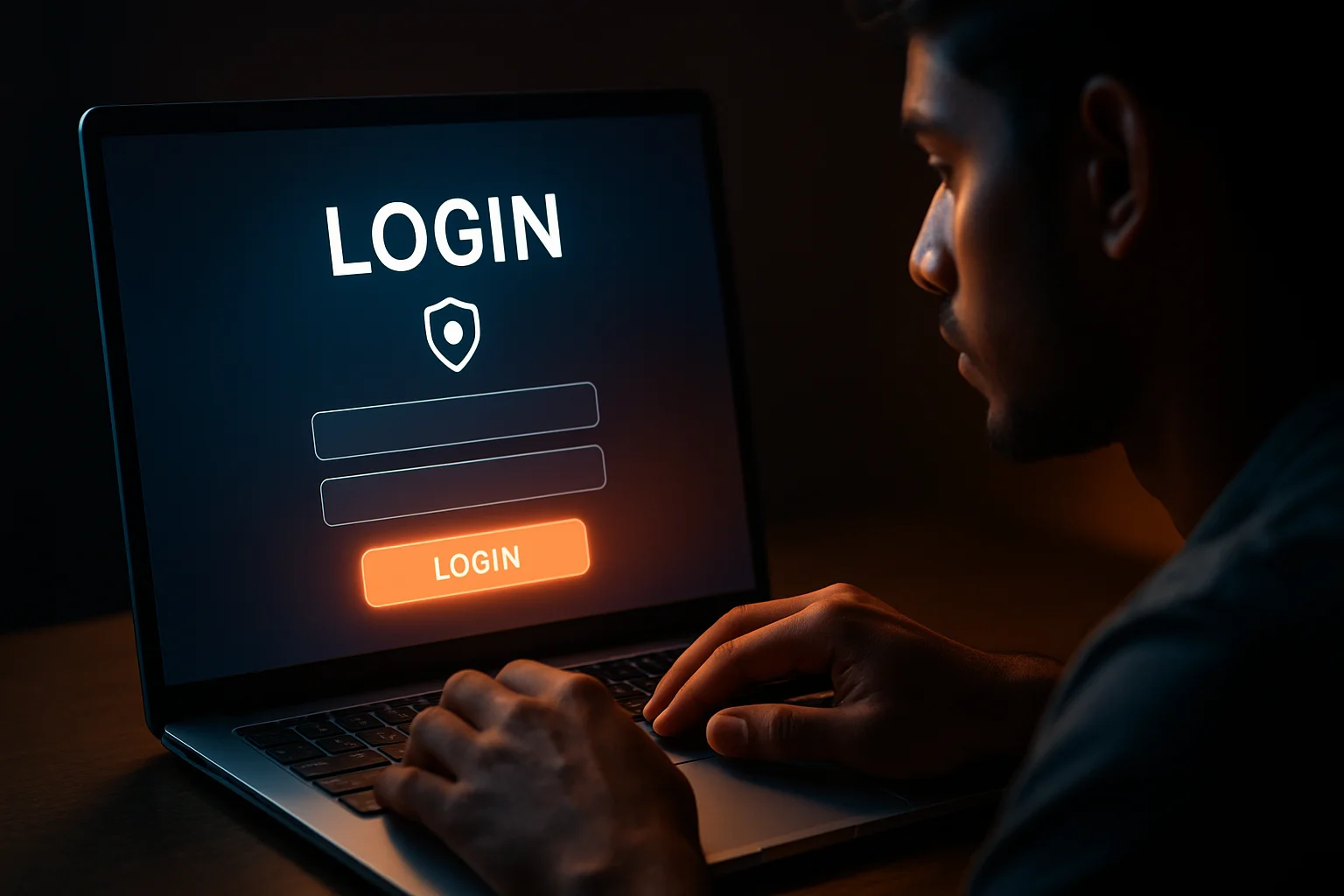 Bangladeshi man's hands on laptop showing stylized login screen