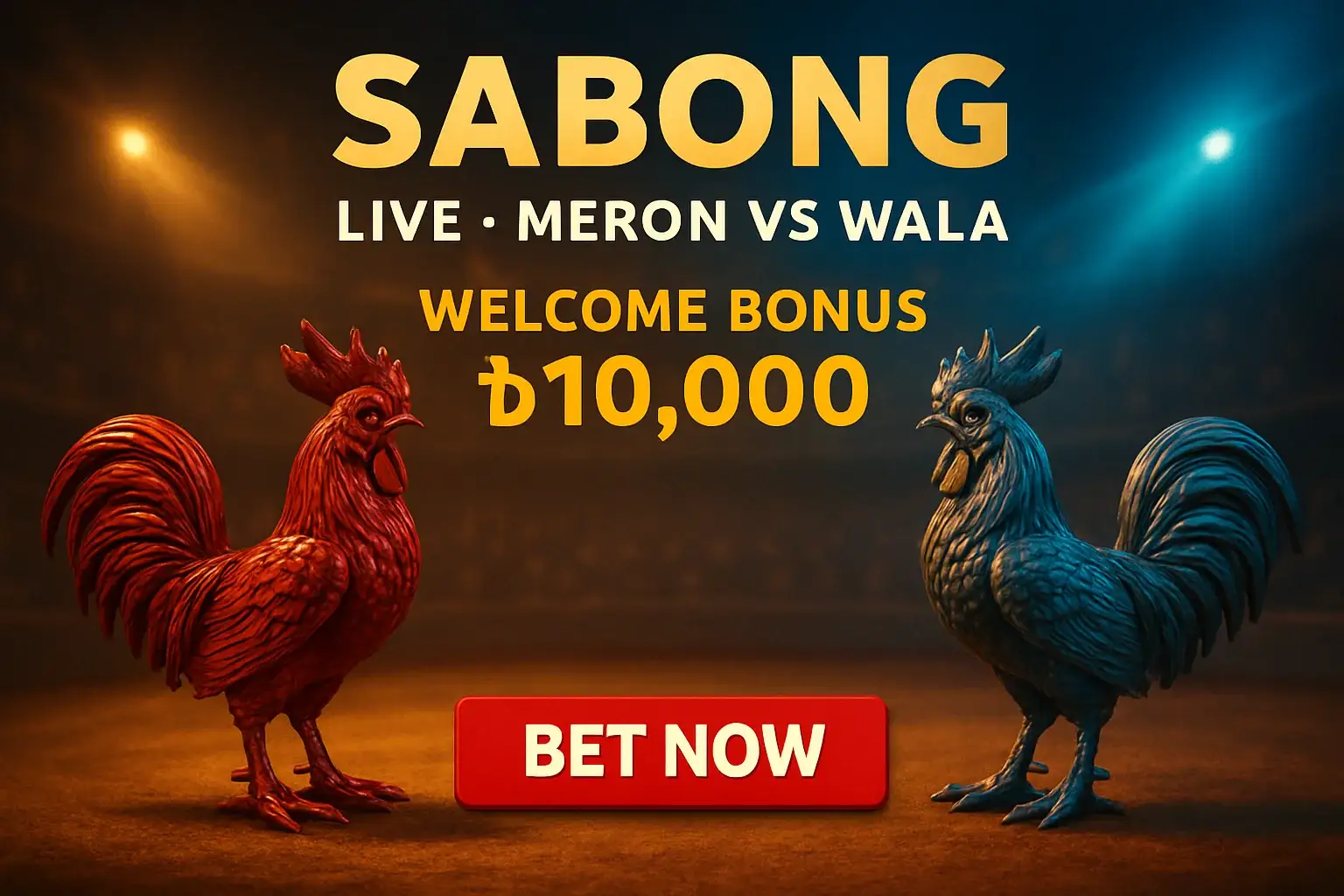 Live sabong banner with decorative rooster figurines and bonus offer