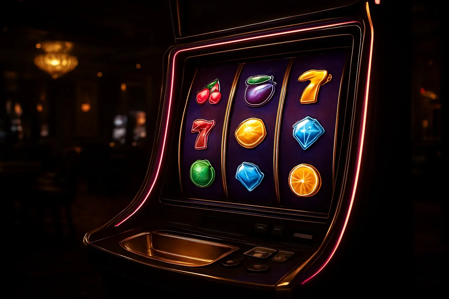 Premium slot machine with glowing reels in a dark luxury casino